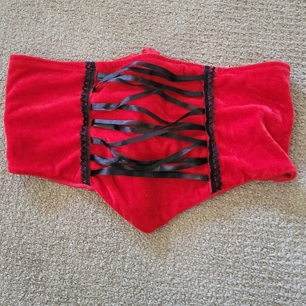 Red & Black Velvet Corset Ribbon Lace Up Tie Belt Halloween Costume Piece